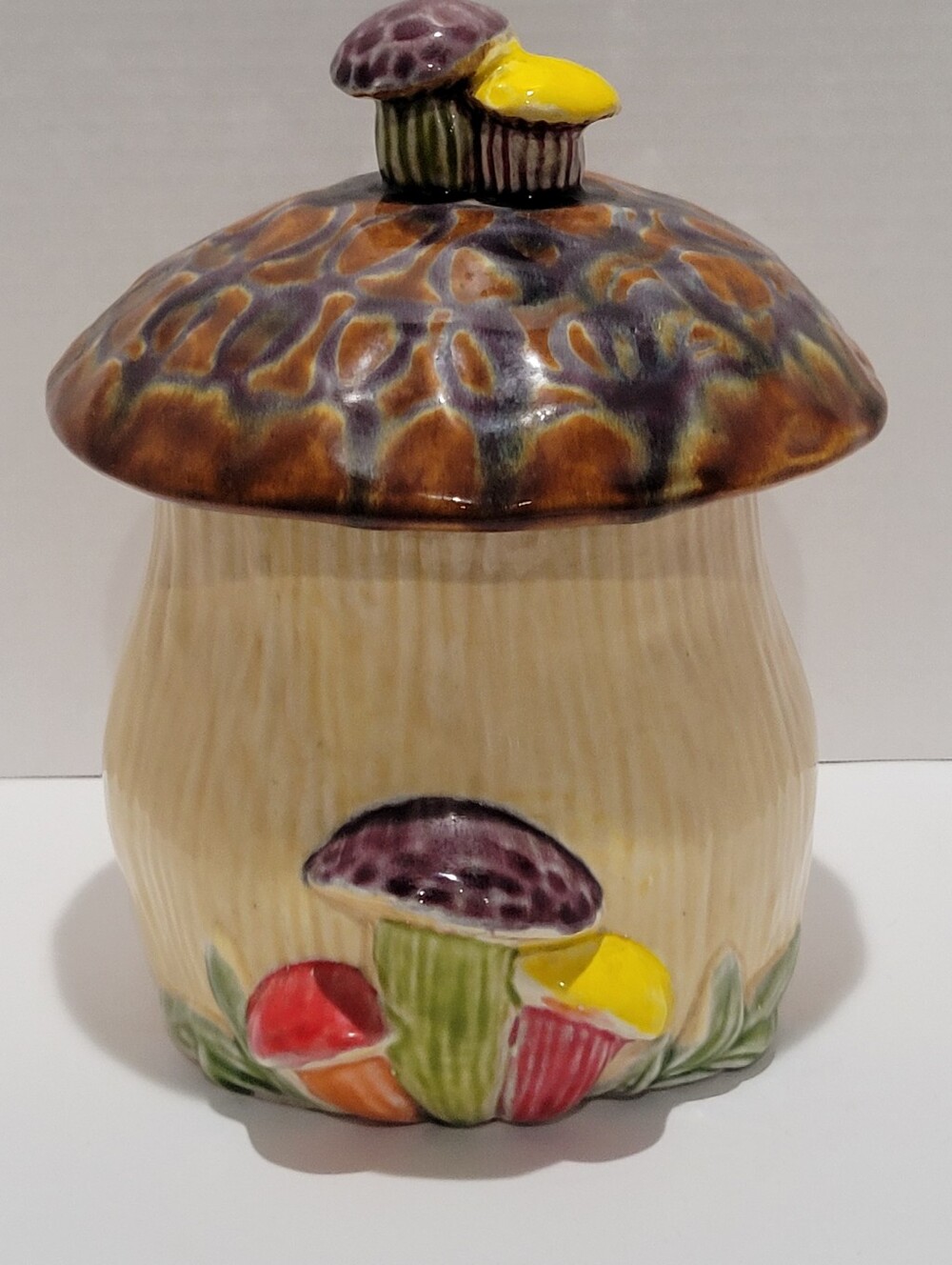 Mushroom 3D Ceramic Canister Vintage 70s Retro Kitchen Decor 8 " Hand Painted